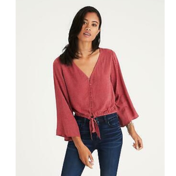 American Eagle Outfitters Tops - American Eagle Polka Dot Bell Sleeve Button Up Top